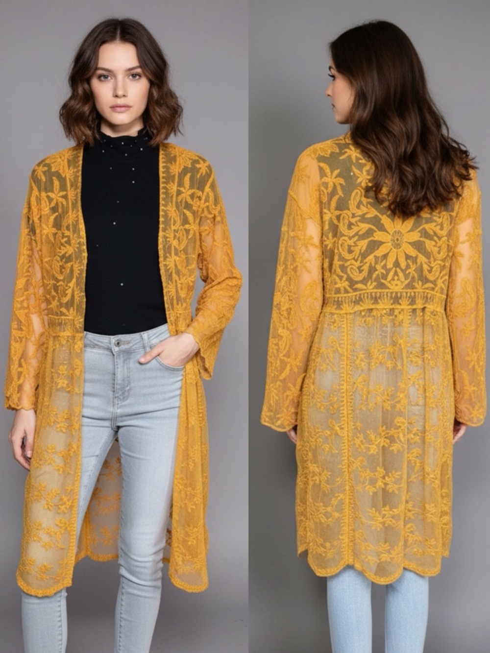 Dizzy Lizzy Embroidered Lace Kimono – Mustard Yellow Size S